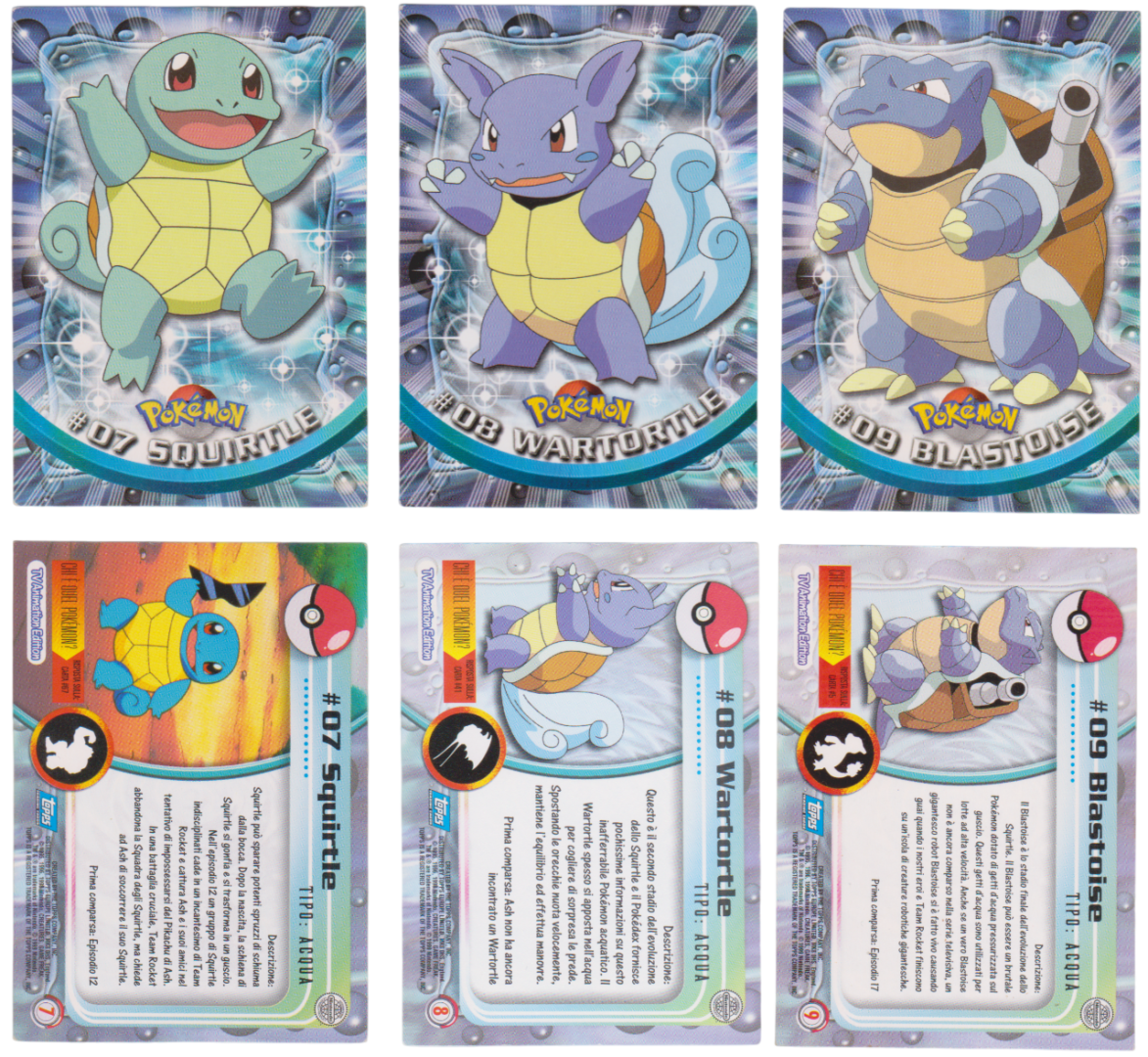 Linea evolutiva di Squirtle serie 1 Topps sia fronte che retro