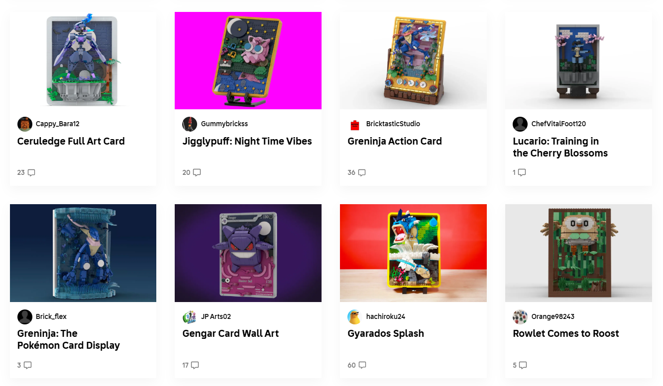 Alcune delle creazioni di carte Pokémon per il concorso LEGO Ideas.